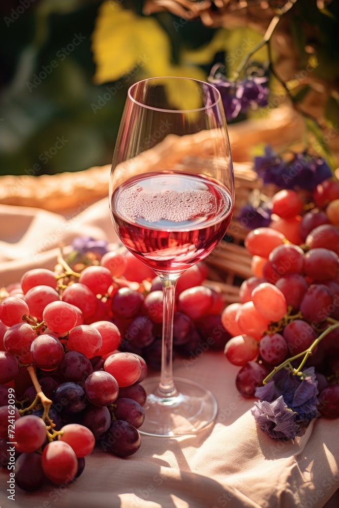 Poster A simple and elegant image of a glass of wine next to a bunch of fresh grapes. Perfect for wine enthusiasts or for use in food and beverage related designs