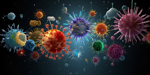 Fototapeta na wymiar Monsters viruses microbes A colorful image of a virus and a microscope 3D illustration of Swine Influenza or Influenza in color background Unveil the intricate world of viruses.