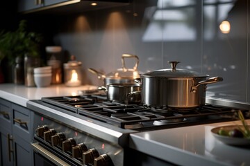 A stove top with pots and pans. Ideal for use in cooking and kitchen-related projects
