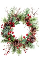 Fototapeta na wymiar A festive Christmas wreath decorated with pine cones and berries. Perfect for holiday decorations and greeting cards