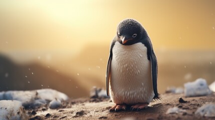 A small penguin standing on top of a sandy beach. This image can be used to depict wildlife, nature, or the beauty of coastal landscapes