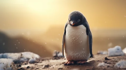 Keuken foto achterwand A small penguin standing on top of a sandy beach. This image can be used to depict wildlife, nature, or the beauty of coastal landscapes © Fotograf