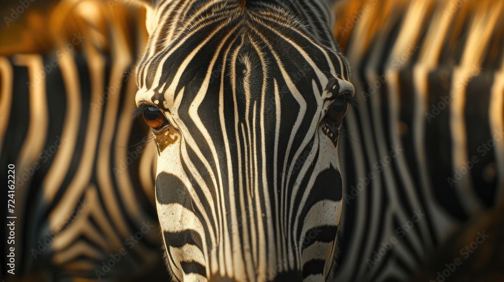 Poster a close-up view of a zebra's face with other zebras in the background. this image can be used to dep