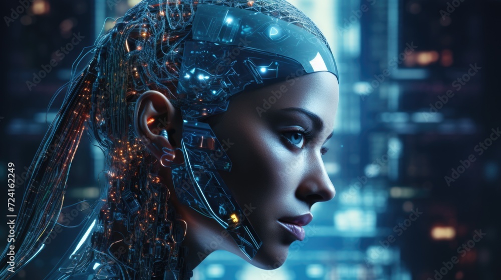 Aufkleber A close-up view of a person with a futuristic head. This image can be used to depict advanced technology, artificial intelligence, or futuristic concepts