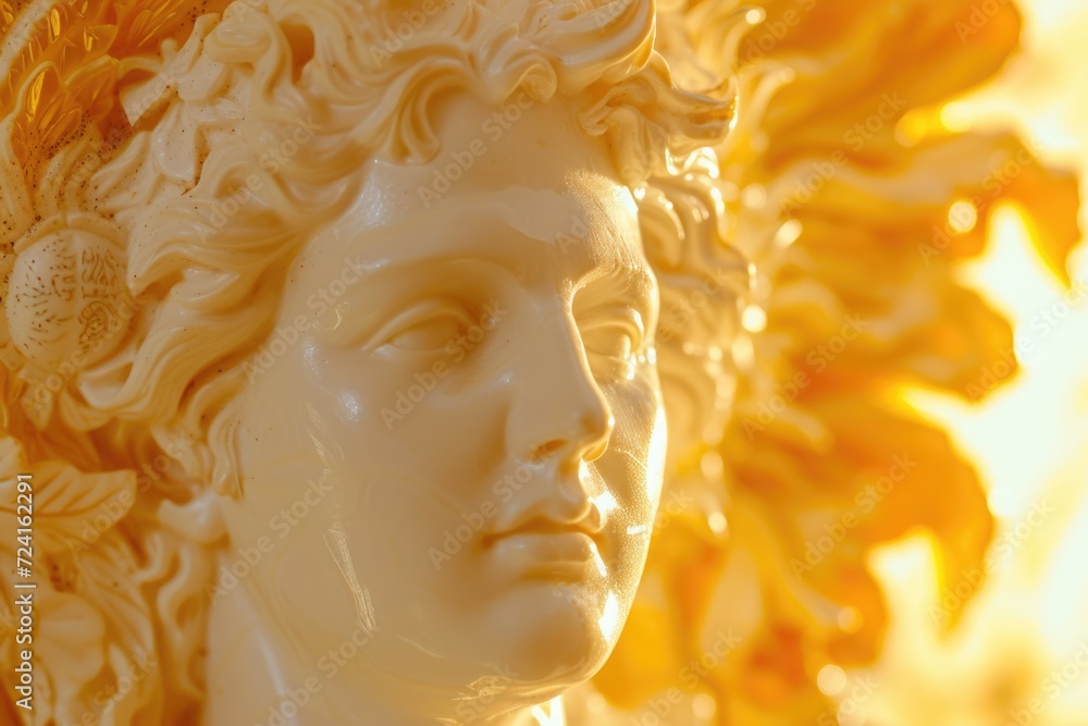 Poster a detailed view of a woman statue, capturing the intricate features and craftsmanship. perfect for a