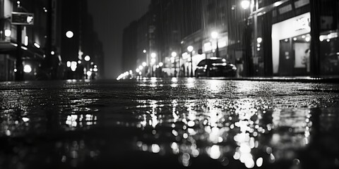 A black and white photo of a city street at night. Perfect for urban-themed projects and designs