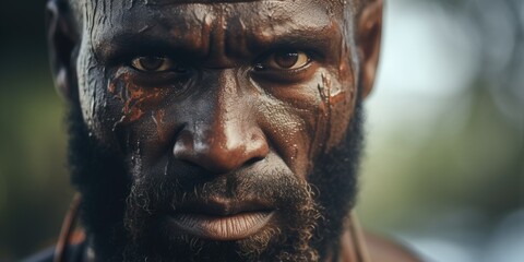 A close-up shot of a man's face covered in mud. Perfect for illustrating outdoor activities,...