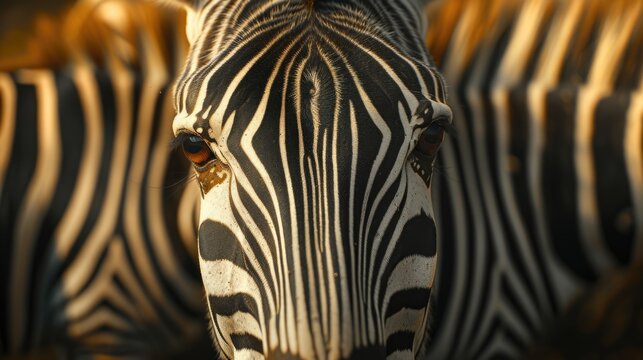 A close-up view of a zebra's face with other zebras in the background. This image can be used to depict wildlife, animal behavior, or nature scenes