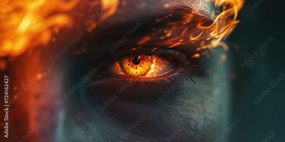 Poster a close-up view of a person's eye with flames in the background. this captivating image can add inte