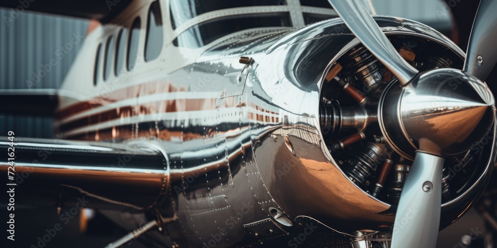 Poster A detailed close-up view of a propeller on a plane. This image can be used to showcase the intricate design and mechanics of aircraft propellers.
