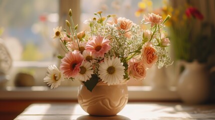 A vase of flowers sitting on a table in front of a window. Suitable for home decor and interior design projects