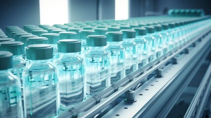 immunizing serumbottles on a conveyor belt. Pharmaceutical laboratory. Factory. Vaccine production. Neural network AI generated art