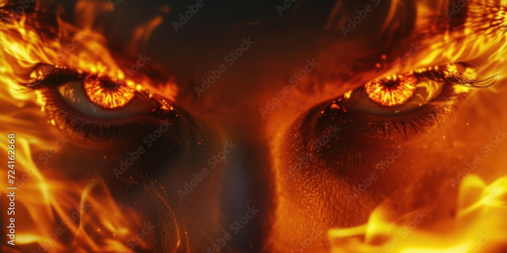 Aufkleber Close-up shot of intense eyes with flames in the background. Perfect for adding a touch of passion and intensity to any project