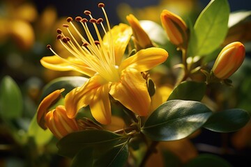 A detailed view of a yellow flower with vibrant green leaves. Perfect for adding a pop of color to any project or design