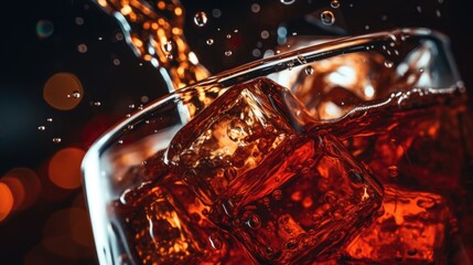 A close-up view of a glass of coke with ice cubes. Perfect for refreshing summer drink concepts or beverage advertisements