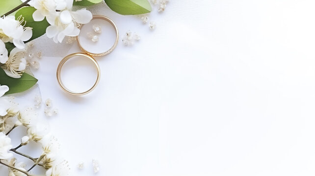 Top view white flowers and two golden wedding rings on white background.

