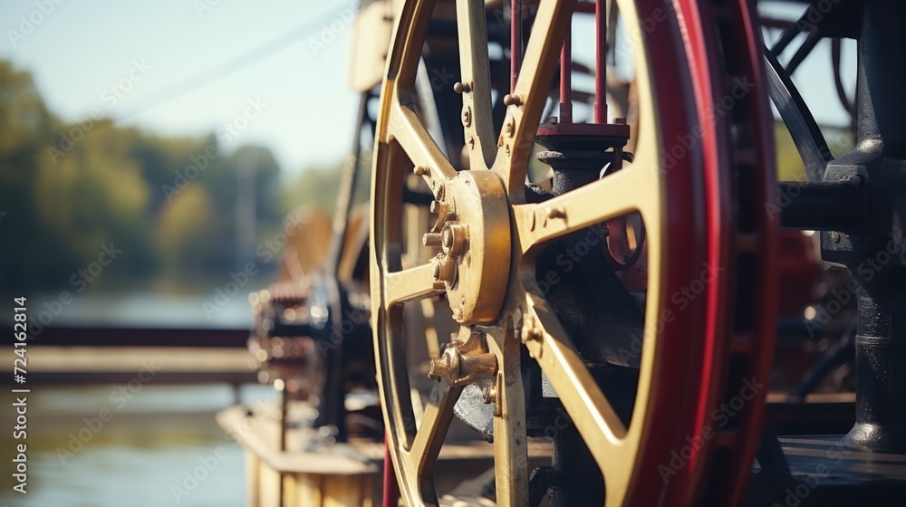Poster a detailed close-up shot of a train wheel. this image can be used to showcase the mechanical details