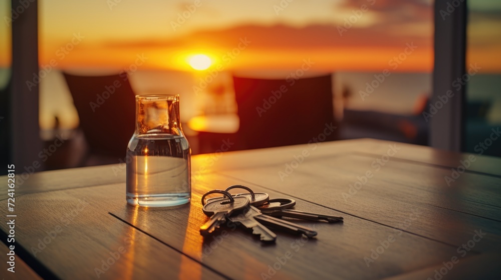Poster a simple image of a bottle of water placed on top of a wooden table. this versatile picture can be u