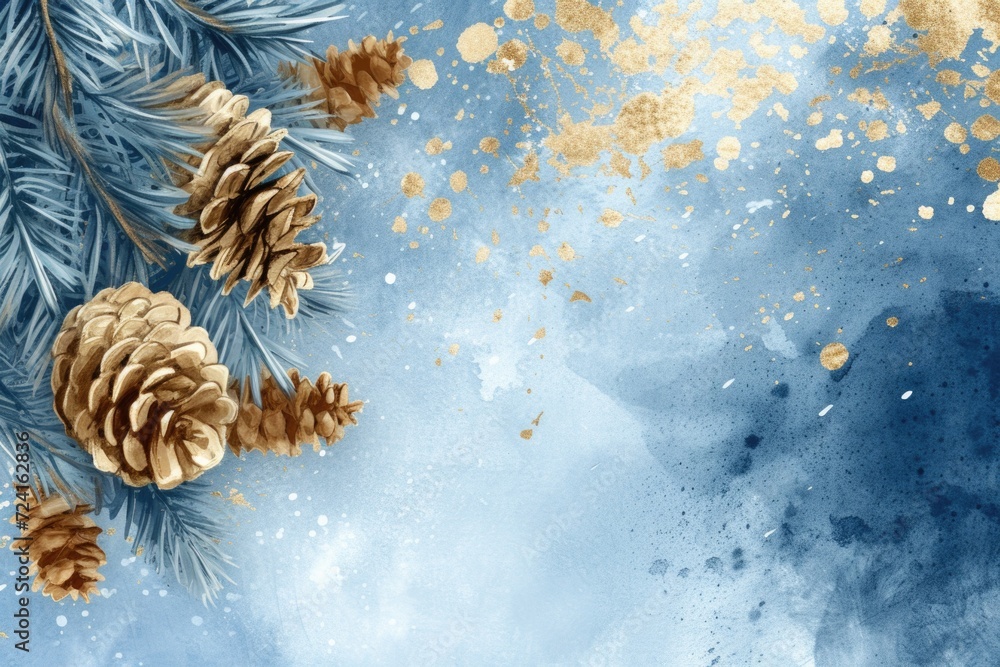 Poster a blue and gold background featuring pine cones. perfect for various creative projects