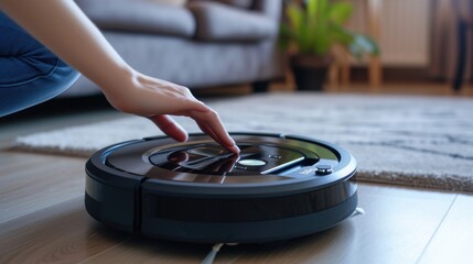 Fototapeta premium A person using a robotic vacuum cleaner to clean the floor. Suitable for household cleaning or technology-related concepts