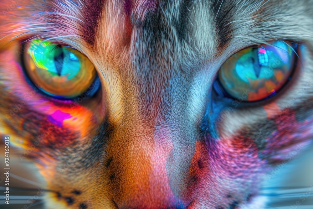 Poster a close-up view of a cat's face showing its colorful eyes. this image can be used to depict the beau