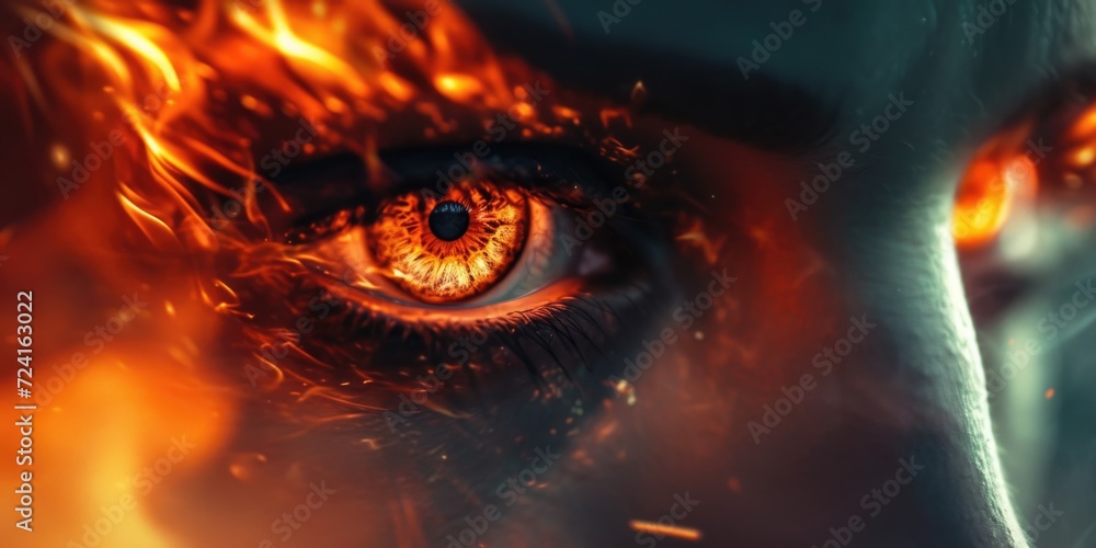 Poster A close-up view of a person's eye with a fiery background. This striking image can be used to convey intensity, passion, or even danger. Perfect for adding a dramatic touch to various design projects