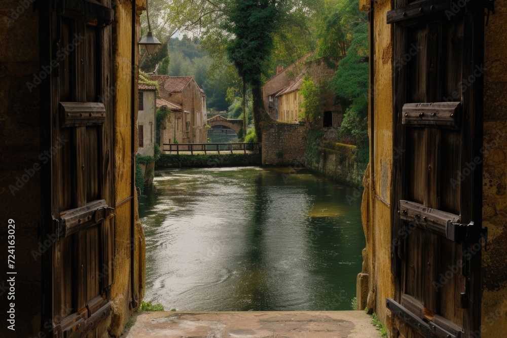 Poster A scenic view of a river as seen through a doorway. Perfect for adding a touch of nature to any design project