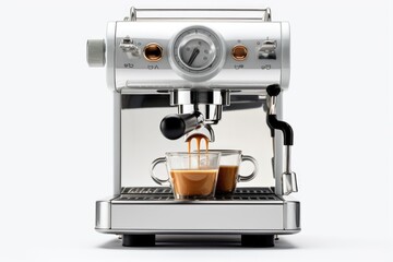 A silver coffee machine with a freshly brewed cup of coffee. Perfect for coffee lovers and coffee shop promotions