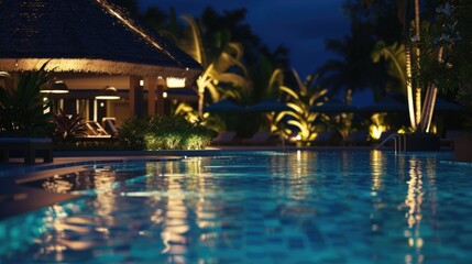 A picture of a pool at night with lights reflecting off the water. Perfect for showcasing a nighttime swimming pool or creating a relaxing atmosphere