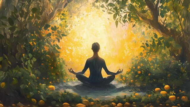 A person meditating surrounded by a serene garden, with the subtle scent of citrus and patchouli essential oils drifting through the air.