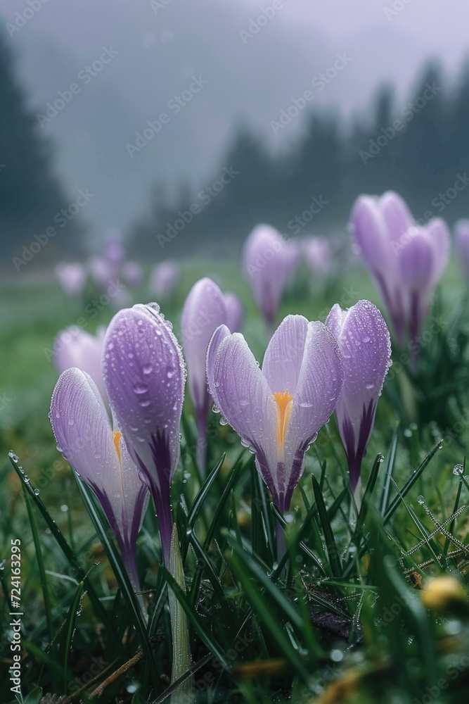 Poster a stunning field of purple flowers adorned with delicate water droplets. perfect for adding a touch 