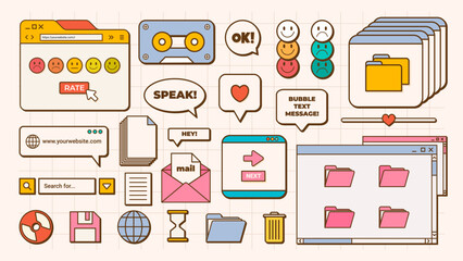 24 User Interface Elements. Old Retro PC screen in the y2k style. Retro wave and vaporwave vintage elements. Modern nostalgic computer interface icons.