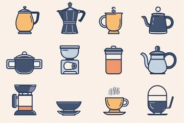 A collection of various icons representing coffee and tea-related items. Perfect for use in menus, websites, and promotional materials