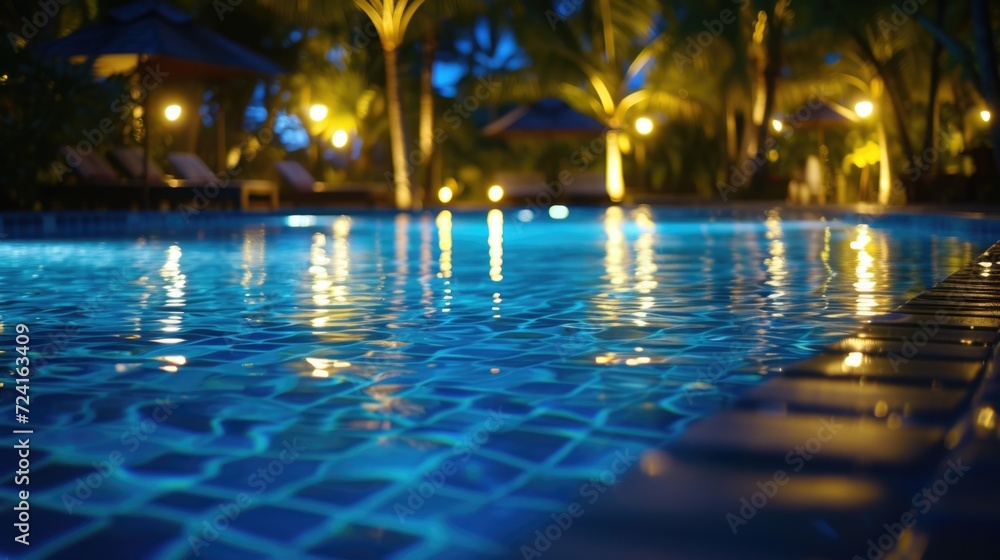 Poster A captivating image of lights reflecting off the water in a swimming pool. Perfect for creating a serene and relaxing atmosphere.