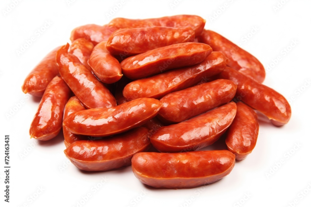 Poster A pile of sausages stacked on top of each other. Perfect for food-related projects and culinary themes