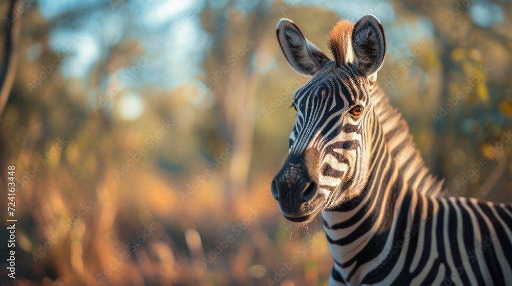 Poster a close up photograph of a zebra in a serene wooded area. perfect for nature and wildlife enthusiast