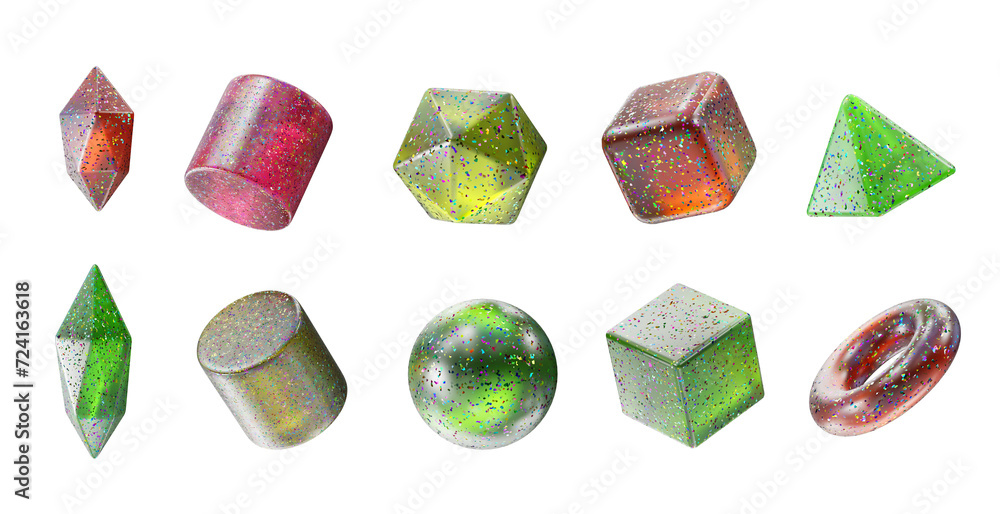 Poster crystal candy geometry shape set isolated background 3d rendering