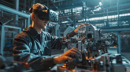 Fototapeta premium Male developer in VR-glasses is working with high-tech robot.
