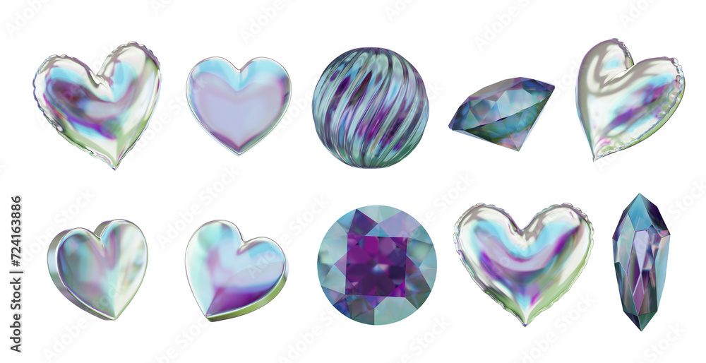 Poster heart and gem decoration set pack isolated background 3d rendering