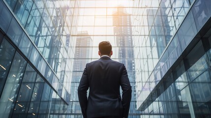 Back of businessman in suit with business office glass modern buildings background for financial freedom portfolio or company profit and strategy growth IPO poster - obrazy, fototapety, plakaty