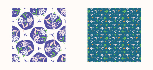 Trendy vector floral pattern set with organic botanical shapes. Modern bold summer flower print, design collection in scandi style.