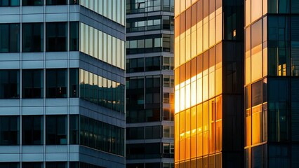 Captured in the fleeting golden hour a group of modern office buildings stands out with their striking shapes and minimalistic design leaving a lasting impression.