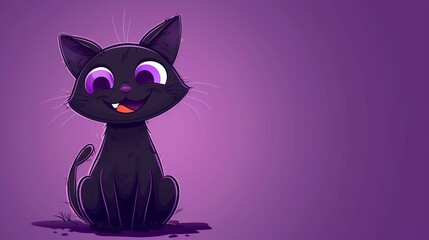 black cat with purple eyes sitting, big smile on his face, cartoon style, purple background