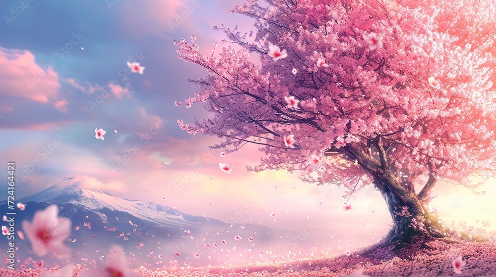 Wall mural Bloom pink cherry blossoms tree, Bright color