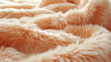 A luxurious close-up of faux fur fabric in a soft Peach Fuzz hue, showcasing its thick, fluffy texture and inviting warmth, perfect for cozy apparel and plush home decor accents