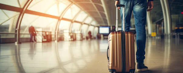 Fototapeta premium Man with bagagge and suitcase at airport interior.