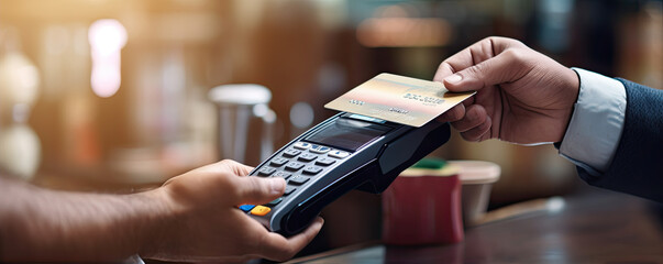Hand using bank card and pay terminal in store.