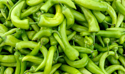 Lots of fresh green peppers. Close up background