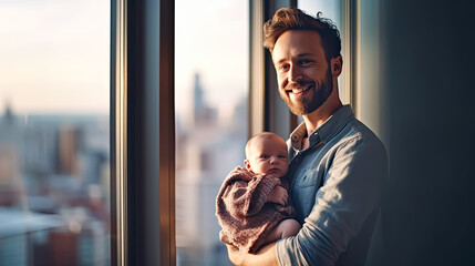 a dad tenderly holds his baby in his arms. - Powered by Adobe