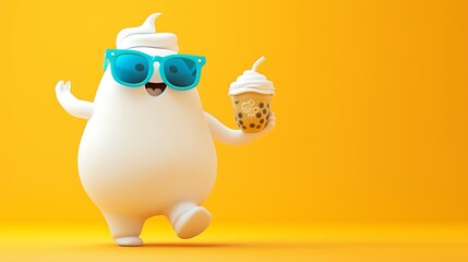 B-shaped marshmallow man walking with attitude wearing blue sunglasses, holding a bubble tea ball, cute, fat, body angle and glance slightly right, flat design, yellow background